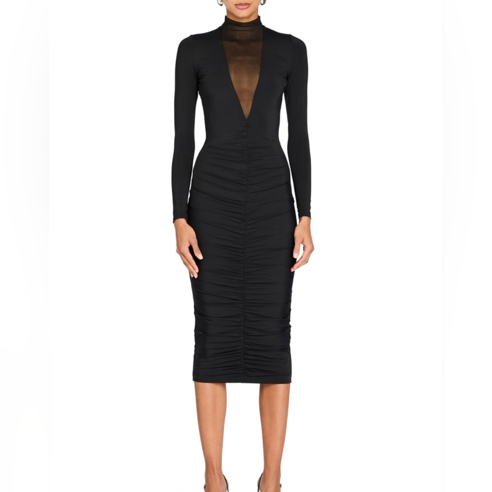 NWT $328 NWT SEROYA Priyanka Mesh V Cut Midi Black